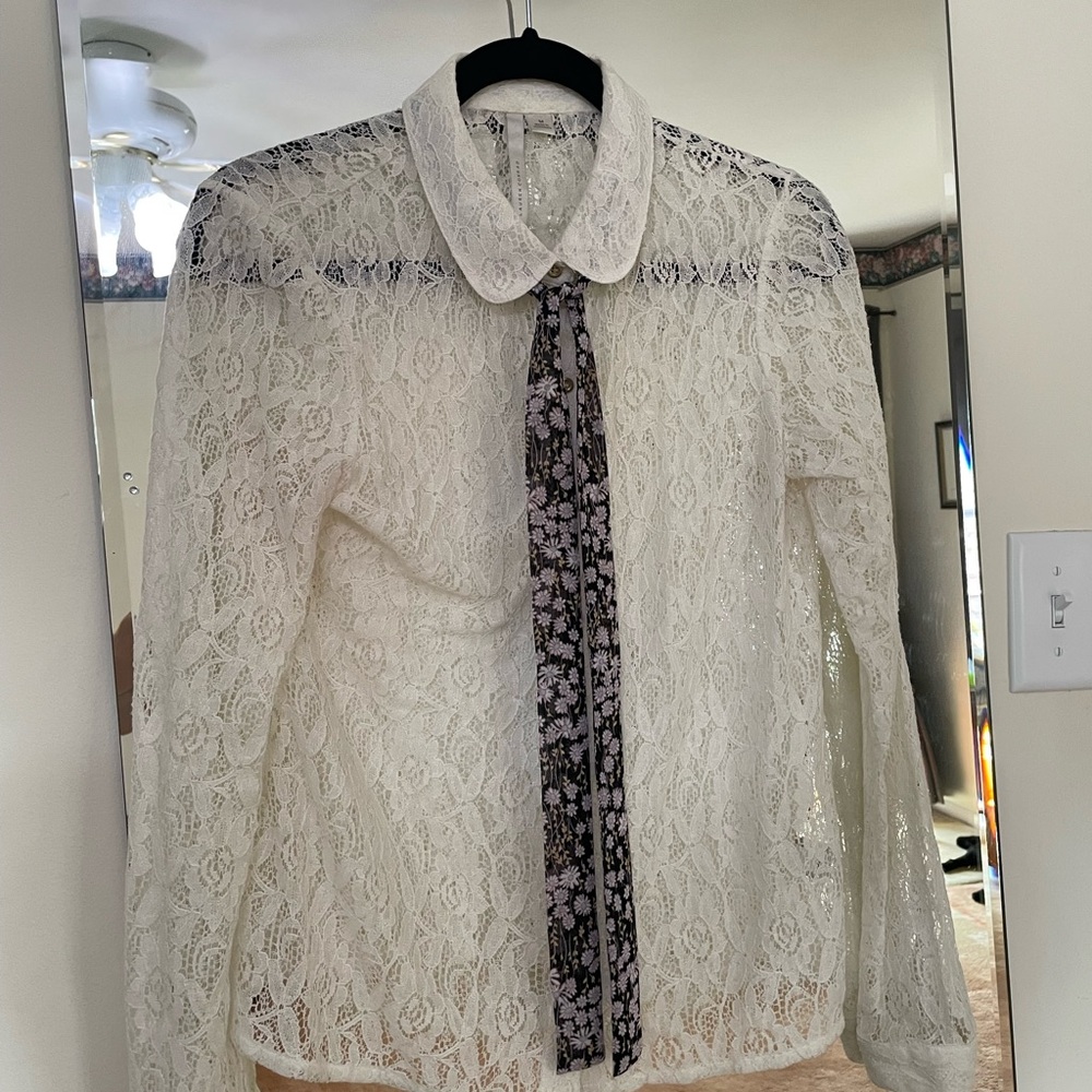 LC Lauren Conrad Ivory Lace Long-Sleeve Tie-Neck Blouse